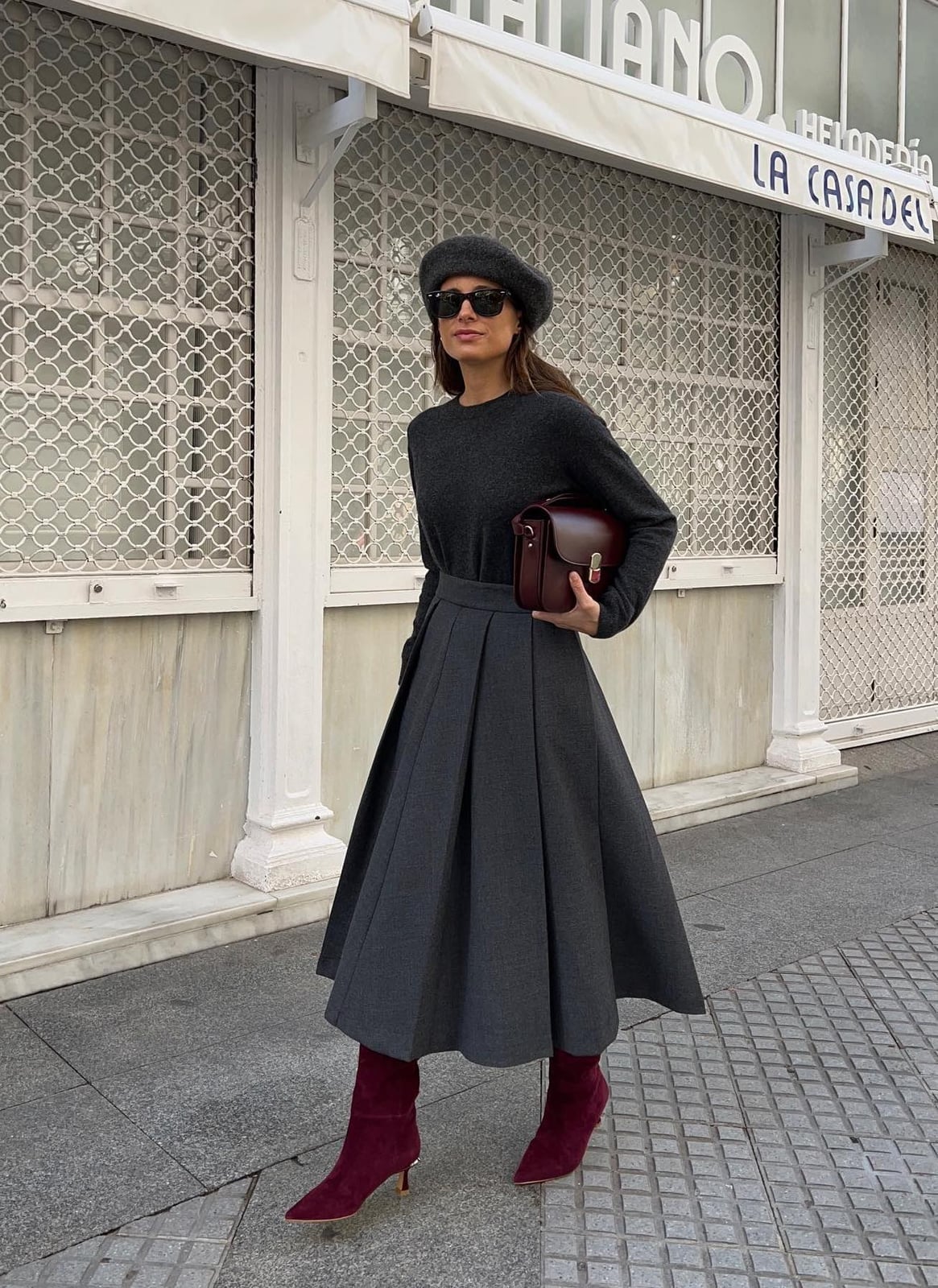Gray Knitwear with Burgundy Ankle Boots Gray Knitwear with Burgundy Ankle Boots — Classy Burgundy Boots Outfit
