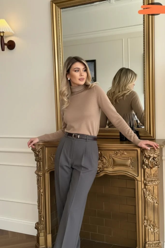 Neutral Beige Turtleneck With Gray Wide-Leg Trousers Neutral Beige Turtleneck With Gray Wide-Leg Trousers — Classy Business Casual Outfits