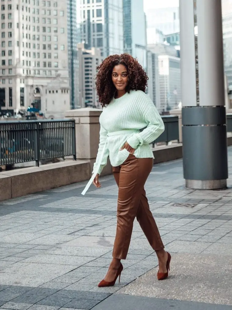 Mint Green Belted Sweater With Faux Leather Trousers Mint Green Belted Sweater With Faux Leather Trousers — Classy Business Casual Outfits