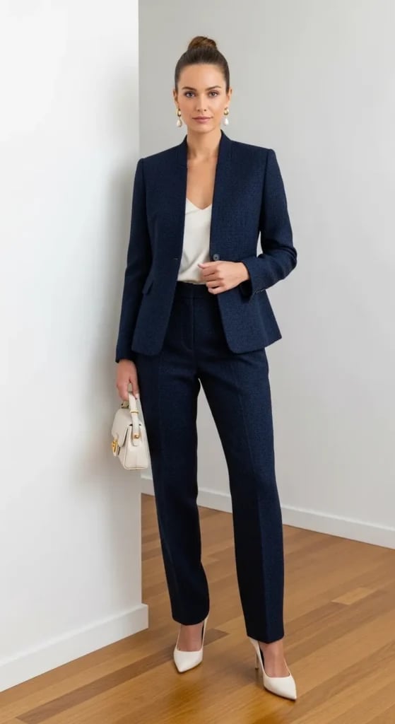 Textured Navy Tweed Blazer And Trousers Set Textured Navy Tweed Blazer And Trousers Set — Classy Business Casual Outfits