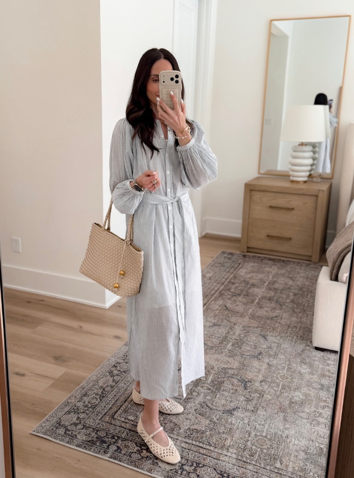 Striped Midi Shirt Dress With Woven Flats Striped Midi Shirt Dress With Woven Flats — Classy Business Casual Outfits