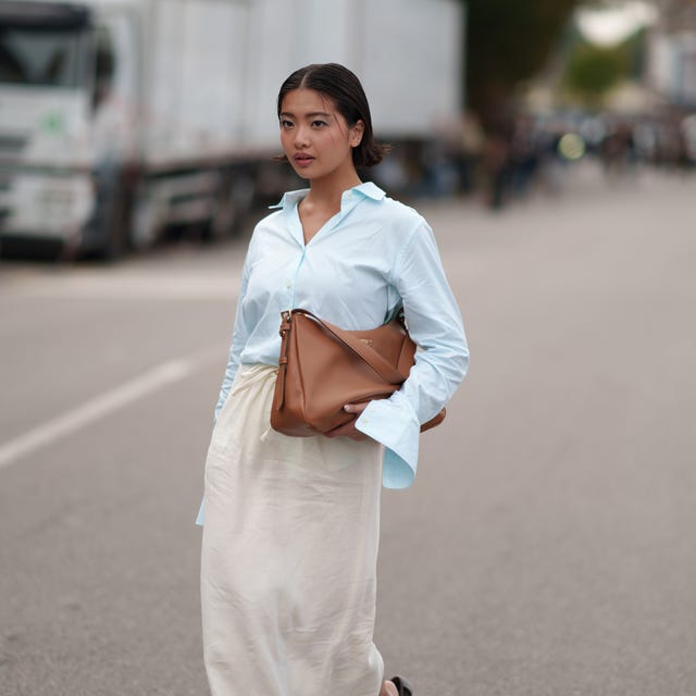 Light Blue Oversized Shirt With Cream Maxi Skirt Light Blue Oversized Shirt With Cream Maxi Skirt — Classy Business Casual Outfits