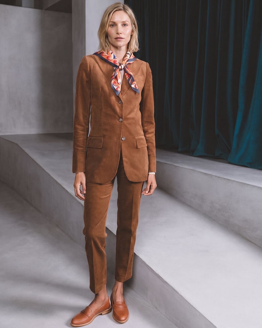 Tan Corduroy Suit With Printed Scarf Tan Corduroy Suit With Printed Scarf — Classy Business Casual Outfits