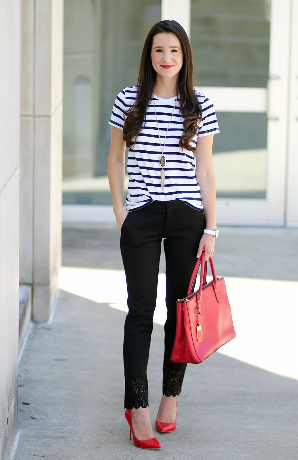Striped T-Shirt With Black Trousers And Red Accents Striped T-Shirt With Black Trousers And Red Accents — Classy Business Casual Outfits