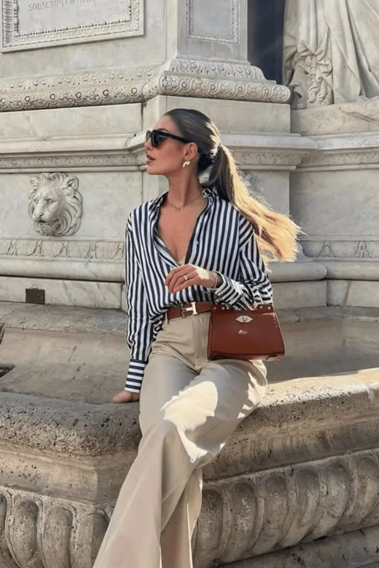 Striped Silk Blouse With Beige Wide-Leg Trousers Striped Silk Blouse With Beige Wide-Leg Trousers — Classy Business Casual Outfits