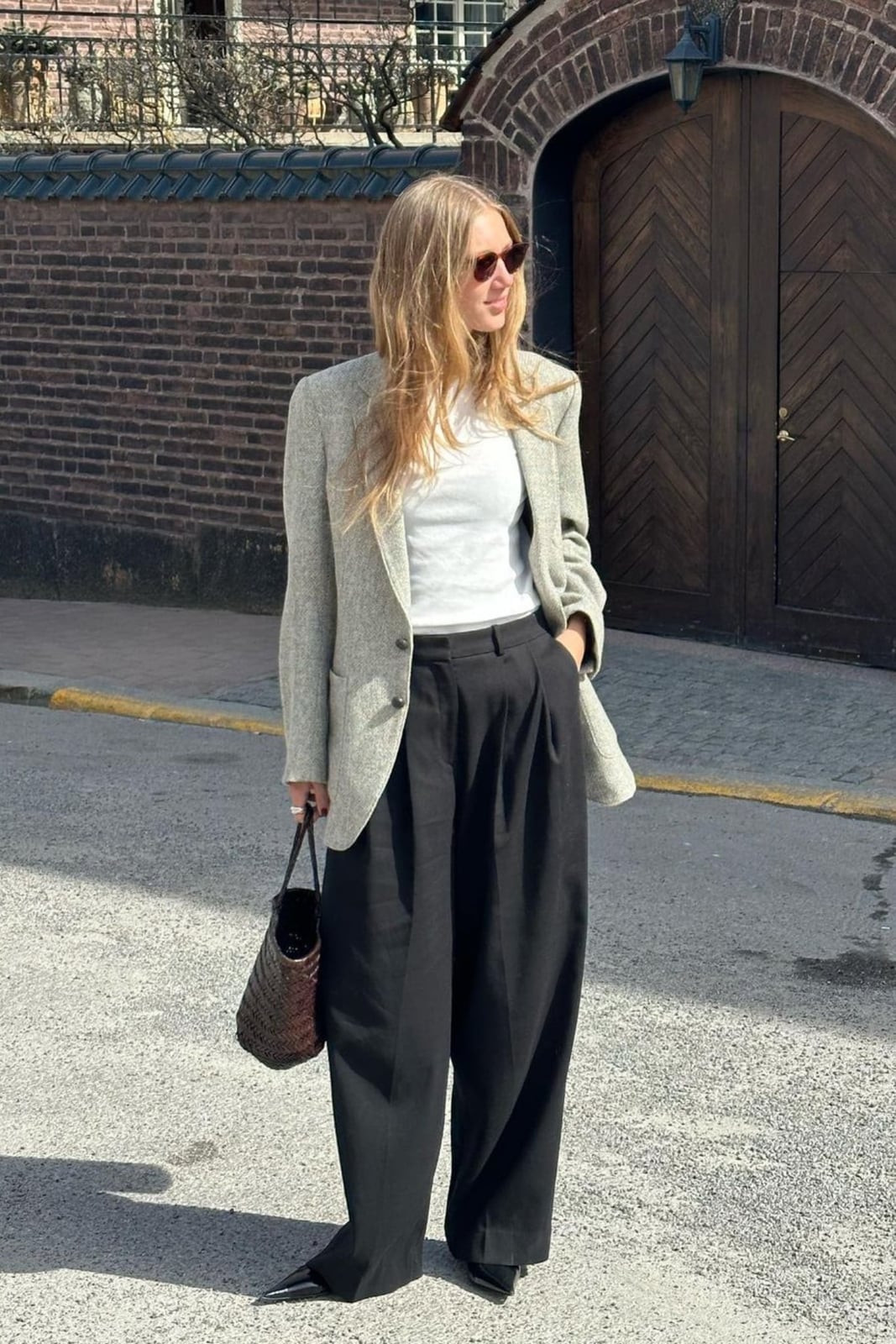 Textured Gray Blazer with White Turtleneck and Black Trousers Textured Gray Blazer with White Turtleneck and Black Trousers — Classy Business Outfits
