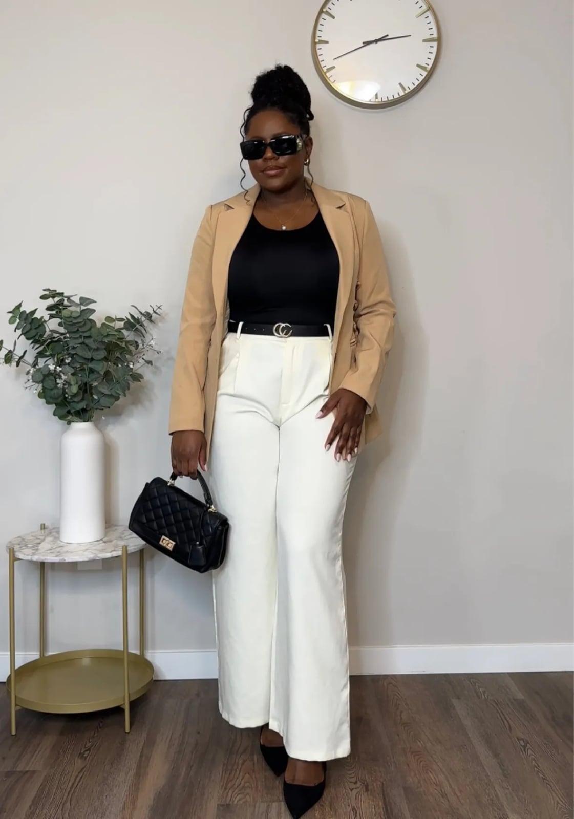 Camel Blazer with Black Tank and White Wide-Leg Trousers Camel Blazer with Black Tank and White Wide-Leg Trousers — Classy Business Outfits