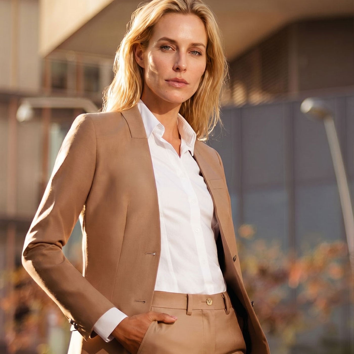 Camel Monochromatic Suit with White Button-Down Shirt Camel Monochromatic Suit with White Button-Down Shirt — Classy Business Outfits