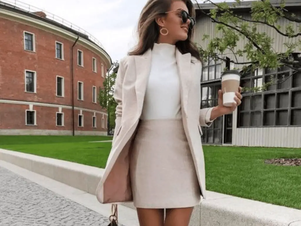 Beige Blazer with White Turtleneck and Midi Skirt Beige Blazer with White Turtleneck and Midi Skirt — Classy Business Outfits