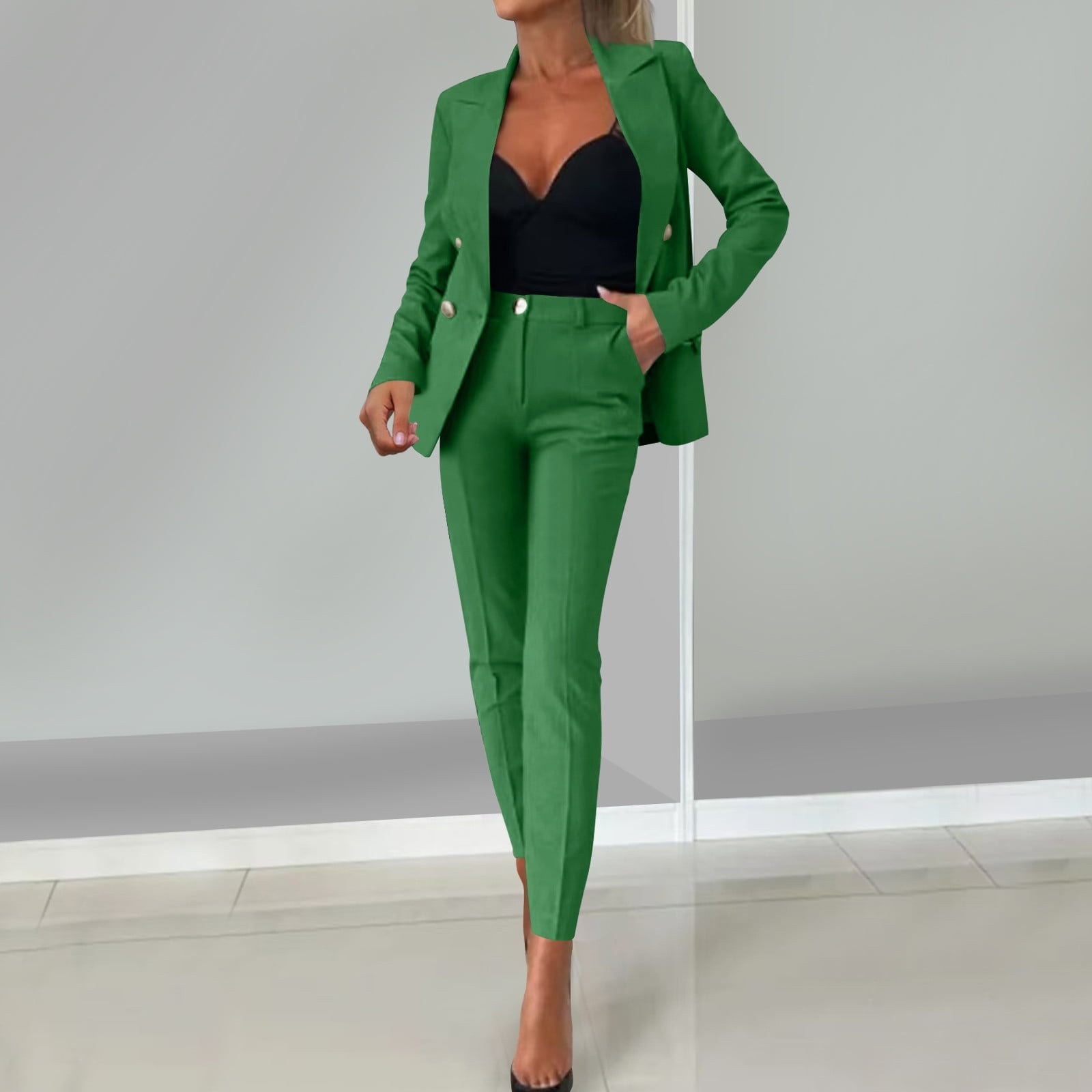 Vibrant Green Tailored Suit with Black Top Vibrant Green Tailored Suit with Black Top — Classy Business Outfits