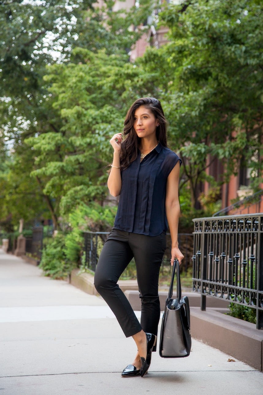 Navy Pleated Blouse with Black Straight-Leg Trousers Navy Pleated Blouse with Black Straight-Leg Trousers — Classy Business Outfits