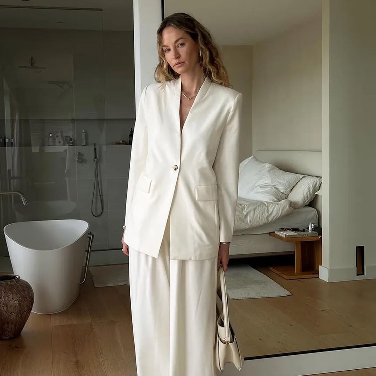 Ivory Monochromatic Linen-Blend Blazer and Wide-Leg Trousers Ivory Monochromatic Linen-Blend Blazer and Wide-Leg Trousers — Classy Business Outfits