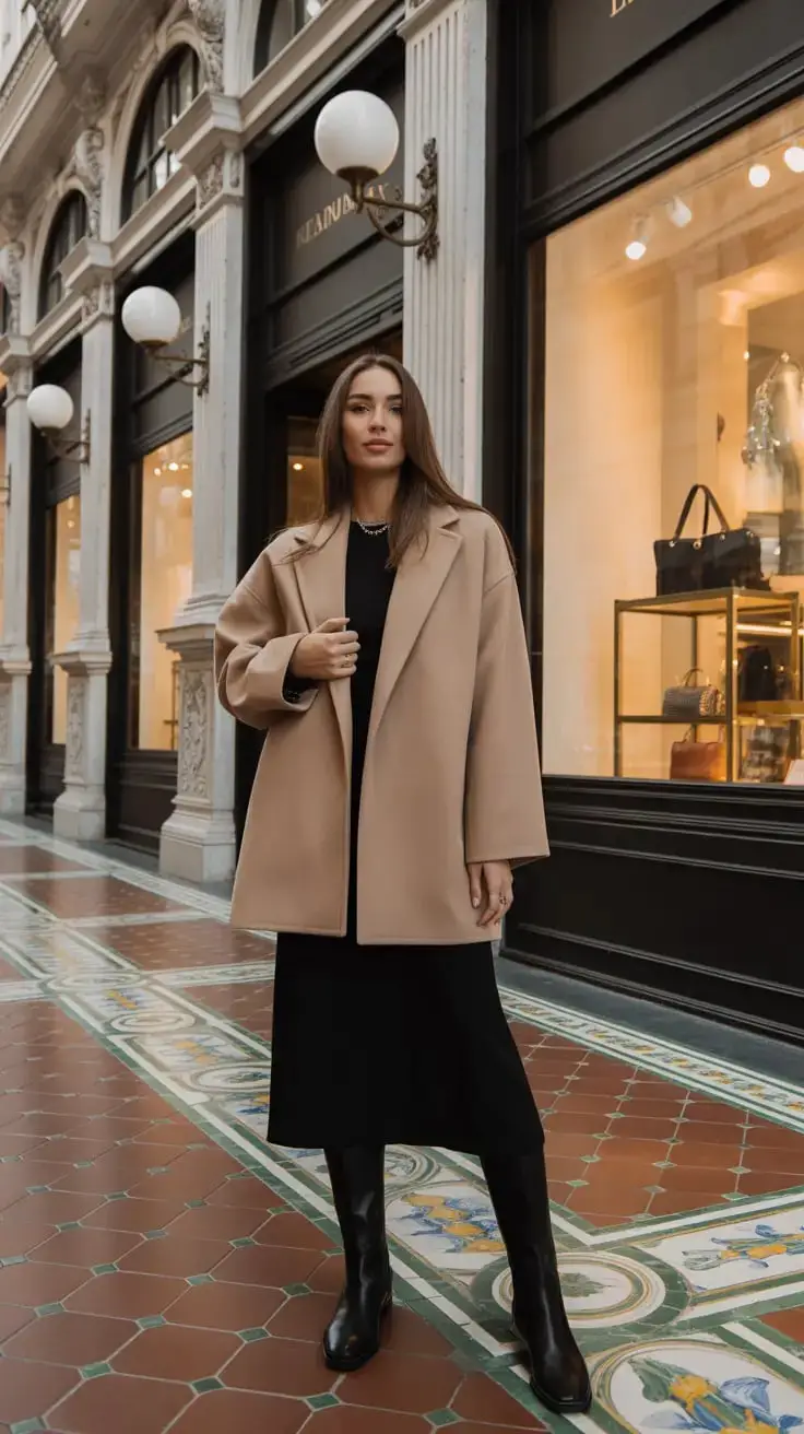 Camel Oversized Blazer Over a Black Midi Dress Camel Oversized Blazer Over a Black Midi Dress — Classy Business Outfits