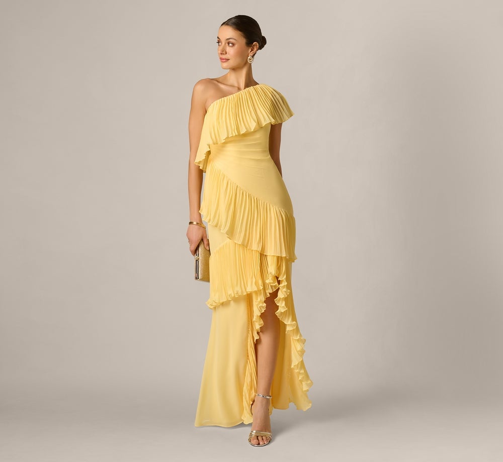 Yellow One Shoulder Dress with Tiered Ruffles, Asymmetrical A-Line Yellow One Shoulder Dress with Tiered Ruffles, Asymmetrical A-Line — Classy Butter Yellow Dress