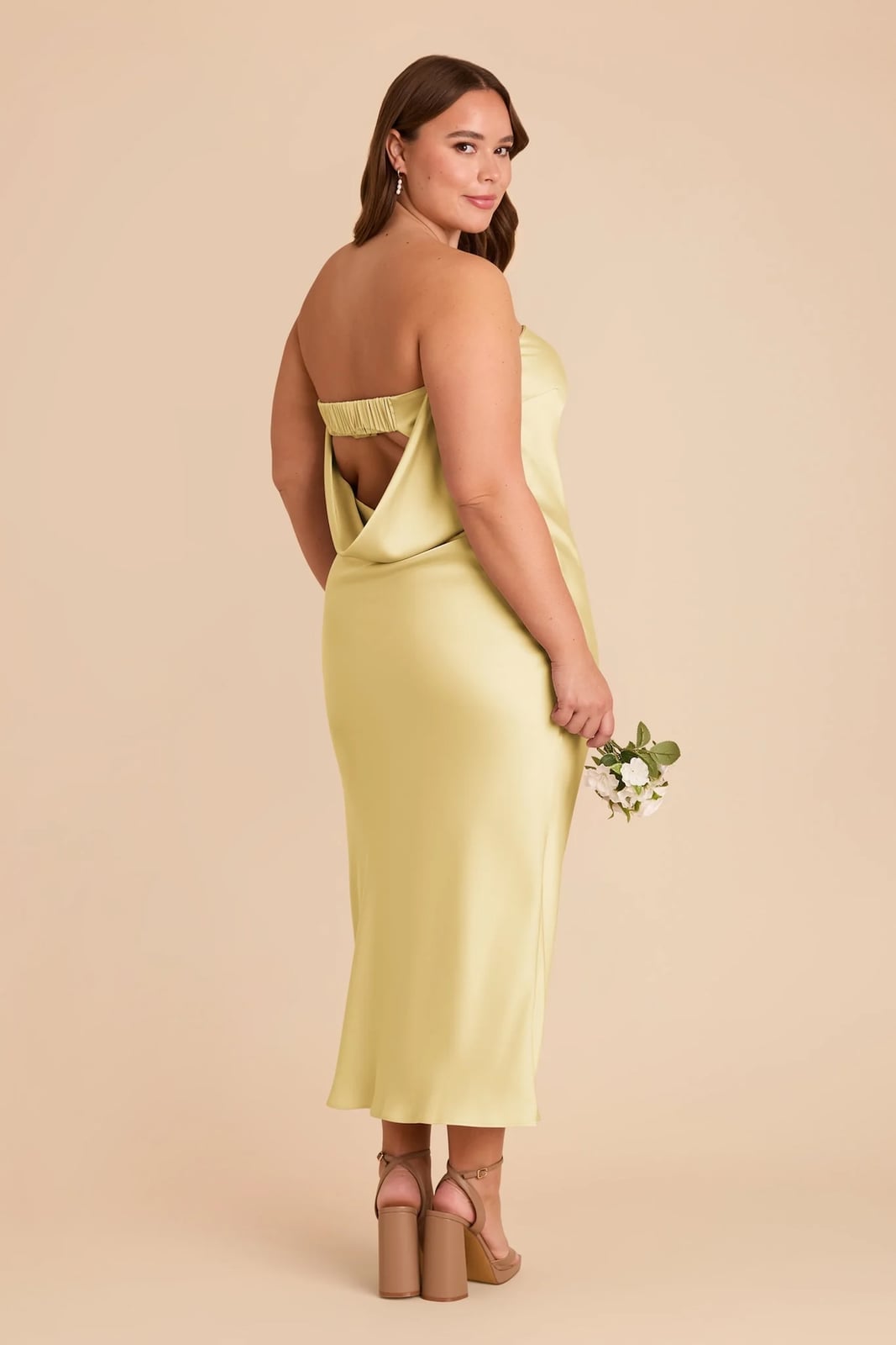 Strapless Butter Yellow Satin Midi Dress With Strappy Heeled Sandals Strapless Butter Yellow Satin Midi Dress With Strappy Heeled Sandals — Classy Butter Yellow Dress