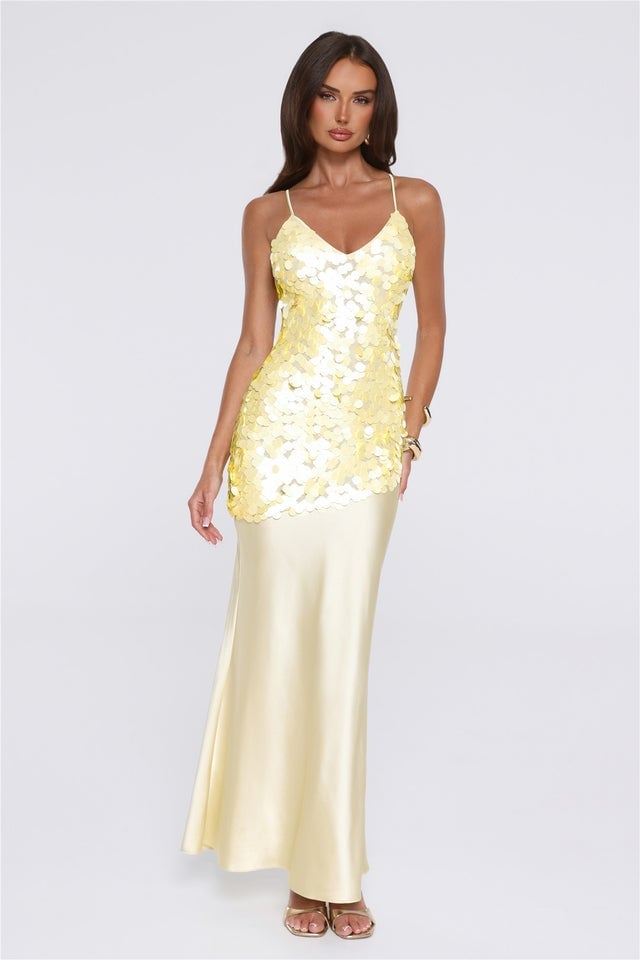 Yellow Spaghetti Strap Dress with Sequined Bodice and Gold Bracelet Yellow Spaghetti Strap Dress with Sequined Bodice and Gold Bracelet — Classy Butter Yellow Dress