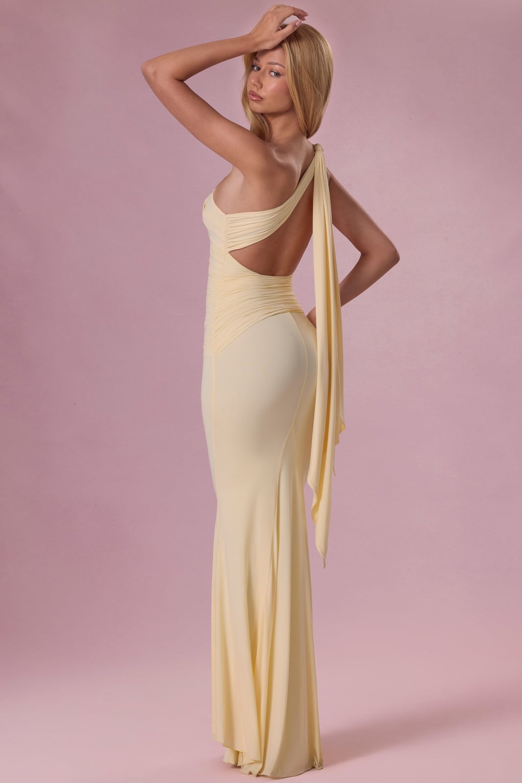 Butter Yellow One-Shoulder Draped Dress With Fitted Column Butter Yellow One-Shoulder Draped Dress With Fitted Column — Classy Butter Yellow Dress