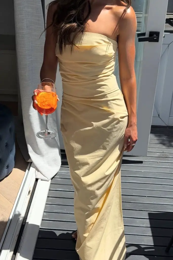 Butter Yellow Strapless Ruched Maxi Dress With Draped Fabric Butter Yellow Strapless Ruched Maxi Dress With Draped Fabric — Classy Butter Yellow Dress