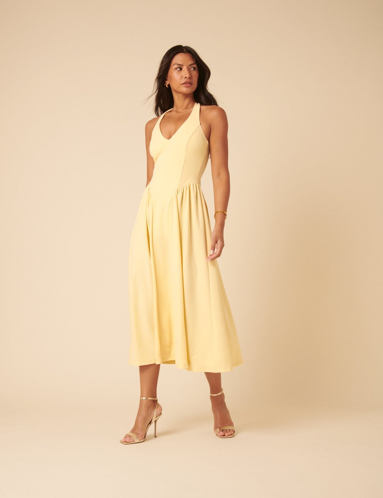 Butter Yellow Halter Neck Midi Dress With Fitted Bodice Butter Yellow Halter Neck Midi Dress With Fitted Bodice — Classy Butter Yellow Dress