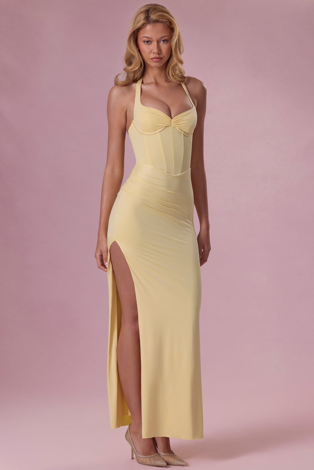 Butter Yellow Ruched Halter Neck Dress with High Slit Butter Yellow Ruched Halter Neck Dress with High Slit — Classy Butter Yellow Dress