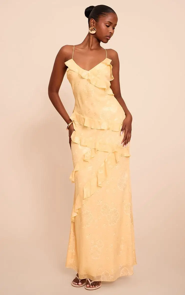 Pale Yellow Ruffled Maxi Dress with Floral Print Pale Yellow Ruffled Maxi Dress with Floral Print — Classy Butter Yellow Dress