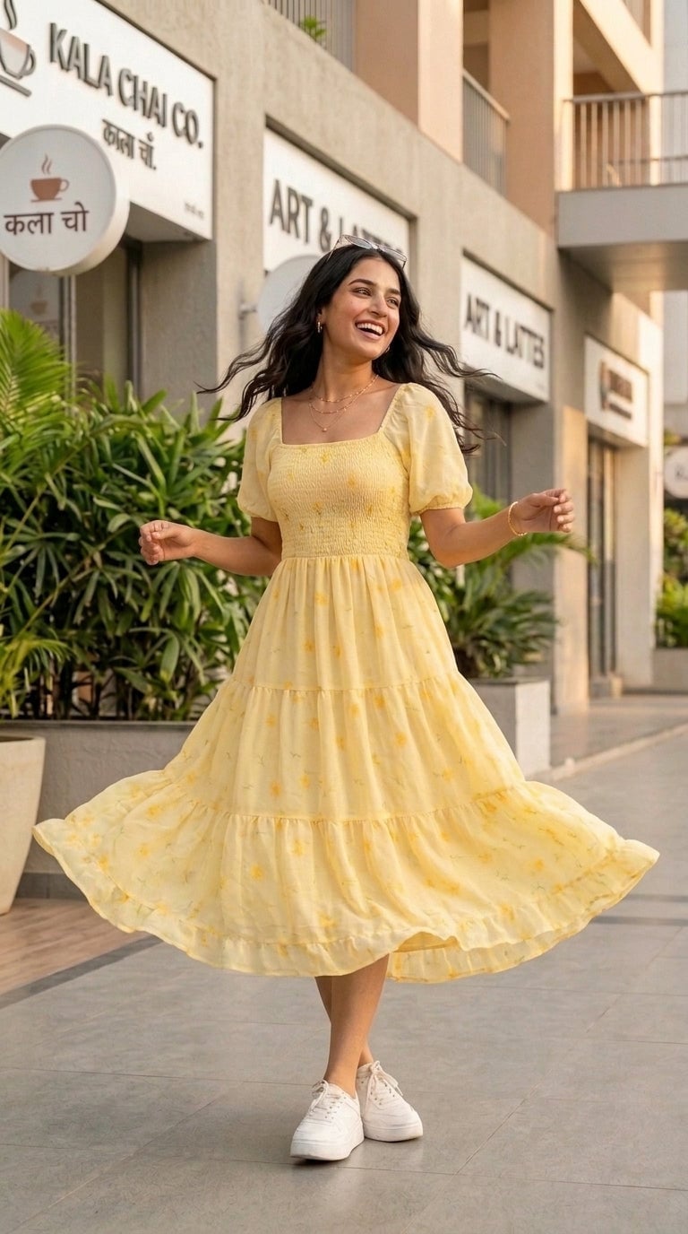 Butter Yellow Tiered Midi Dress with Puff Sleeves Butter Yellow Tiered Midi Dress with Puff Sleeves — Classy Butter Yellow Dress