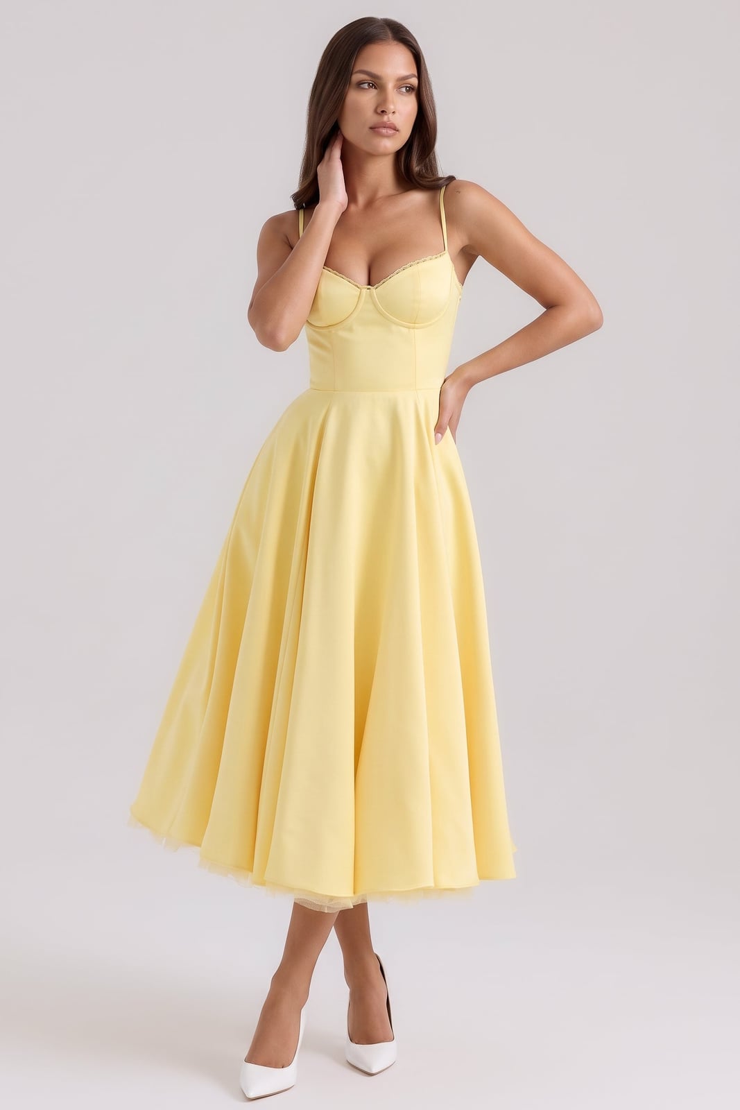 Butter Yellow Midi Dress with Sweetheart Neckline and Fitted Bodice Butter Yellow Midi Dress with Sweetheart Neckline and Fitted Bodice — Classy Butter Yellow Dress
