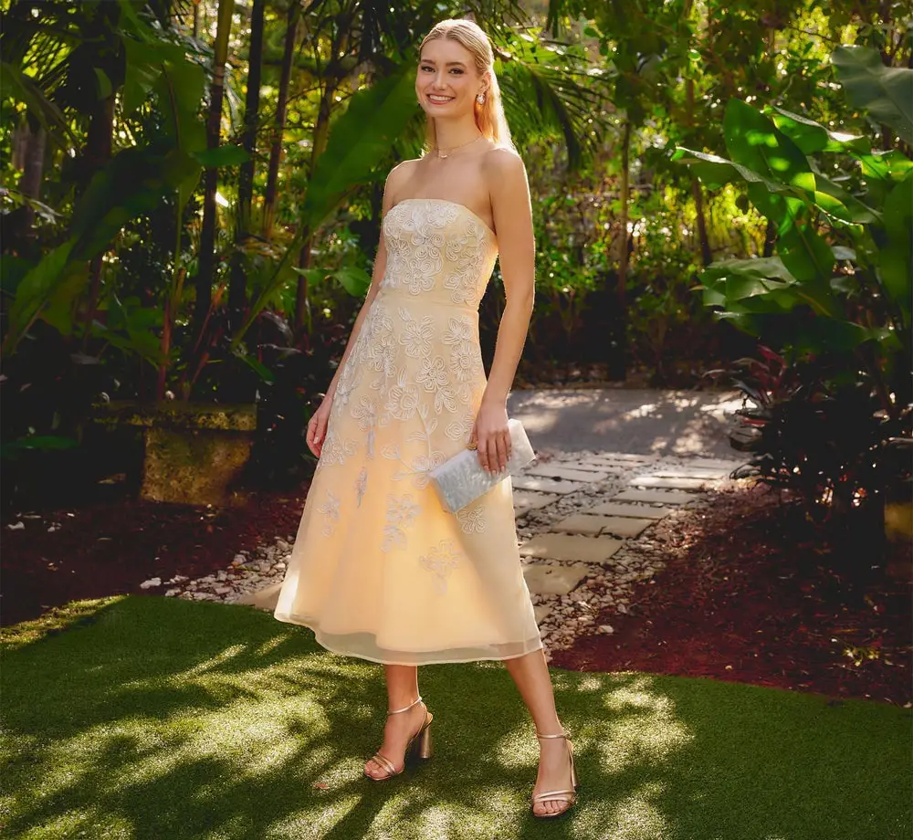 Pale Yellow Strapless Midi Dress with Floral Embroidery Pale Yellow Strapless Midi Dress with Floral Embroidery — Classy Butter Yellow Dress