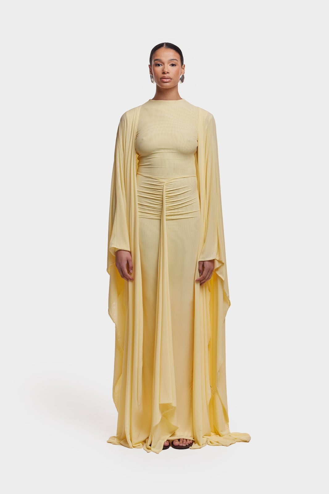 Butter Yellow Mesh Maxi Dress with Cape Sleeves and Fitted Bodice Butter Yellow Mesh Maxi Dress with Cape Sleeves and Fitted Bodice — Classy Butter Yellow Dress