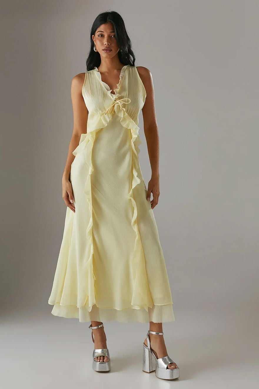 Butter Yellow Sleeveless Midi Dress with Ruffles and A-Line Silhouette Butter Yellow Sleeveless Midi Dress with Ruffles and A-Line Silhouette — Classy Butter Yellow Dress