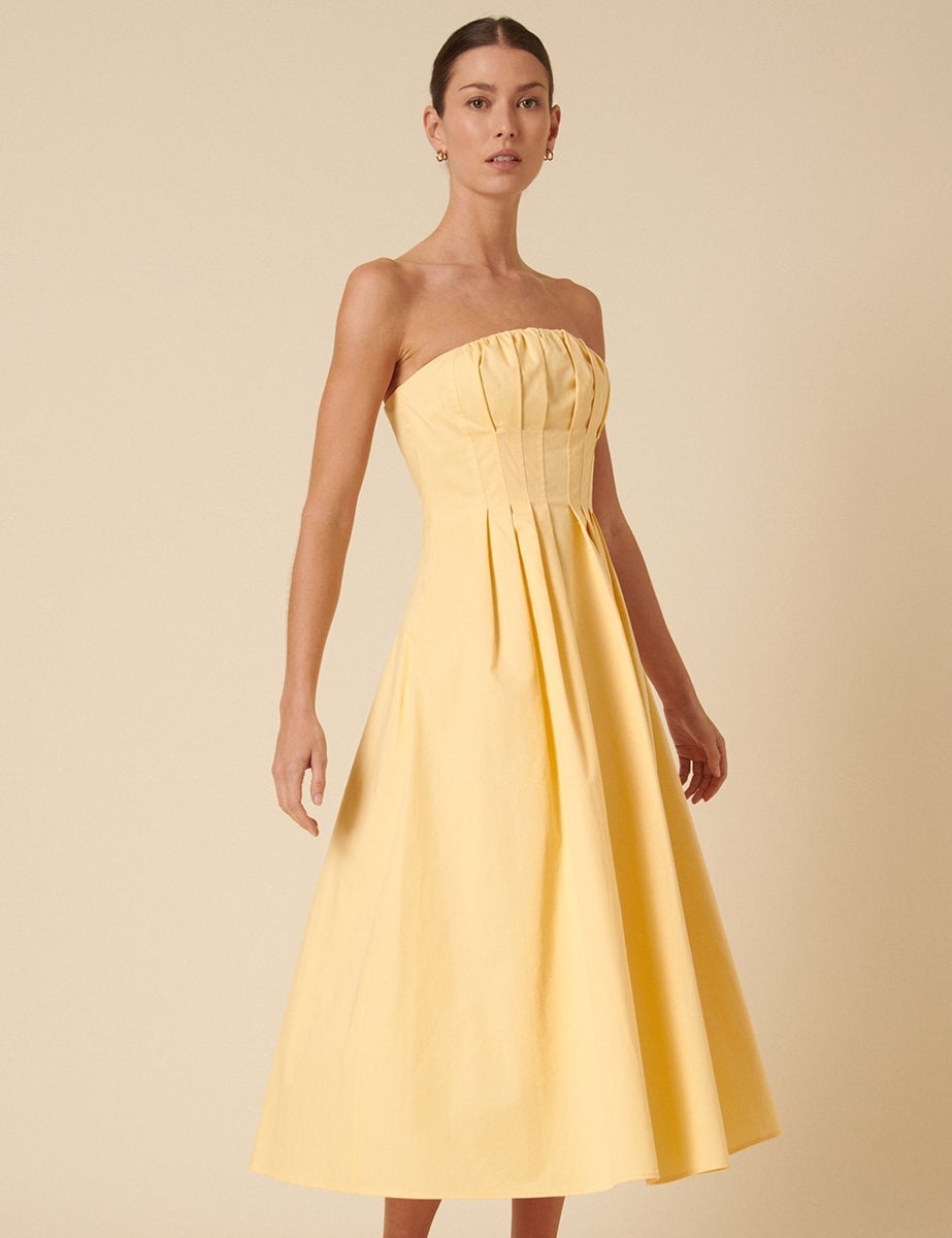 Butter Yellow Strapless Midi Dress with Ruching and Fitted Bodice Butter Yellow Strapless Midi Dress with Ruching and Fitted Bodice — Classy Butter Yellow Dress