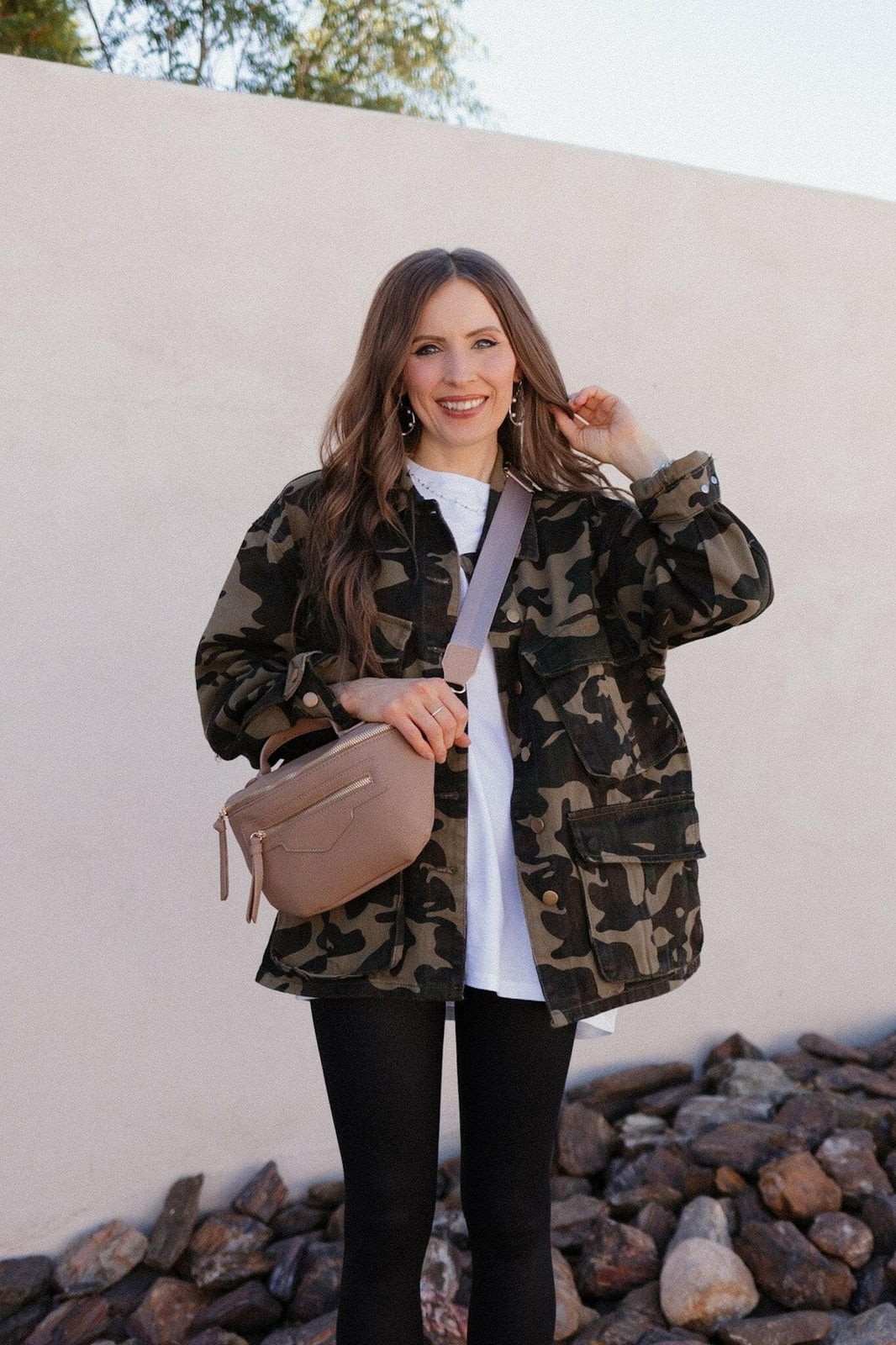Camo Utility Jacket Over White Tee and Leggings With Cotton Twill — Classy Camo Outfits
