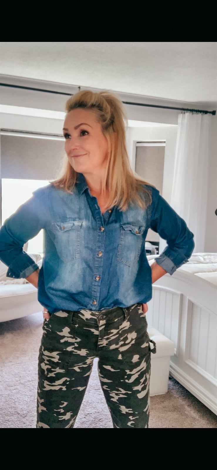 Blue Denim Shirt With Camo Utility Pants — Classy Camo Outfits