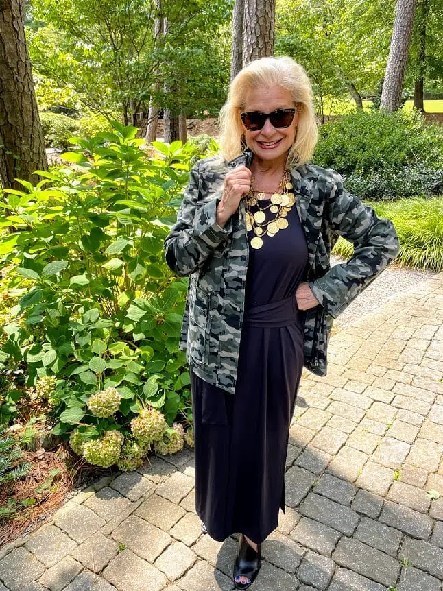 Camo Jacket Over a Black Midi Dress — Classy Camo Outfits