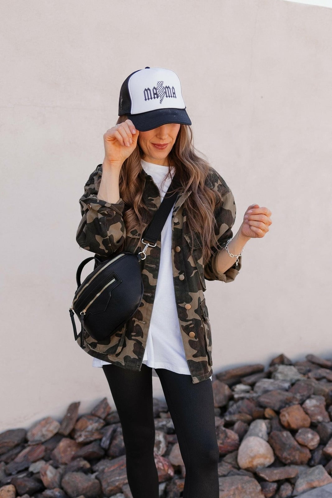 Camo Utility Jacket With White Tee and Black Leggings — Classy Camo Outfits
