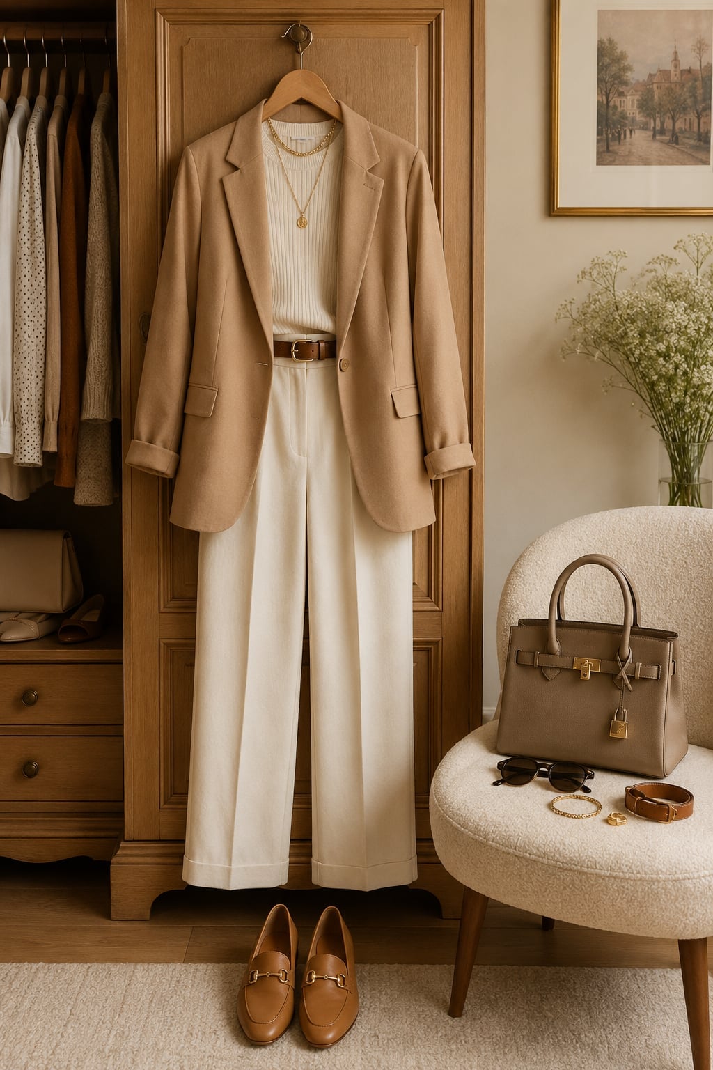 Camel Blazer Elevates Cream Knit and Wide-Leg Trousers Camel Blazer Elevates Cream Knit and Wide-Leg Trousers — Classy Capsule Wardrobe