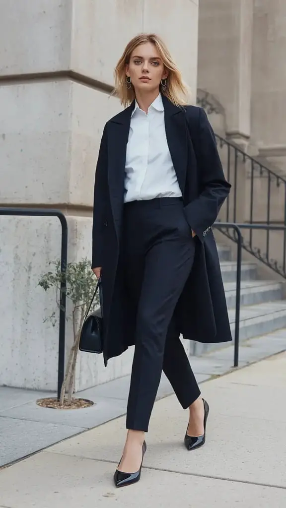 Black Oversized Wool Coat Anchors Sharp Business Casual Black Oversized Wool Coat Anchors Sharp Business Casual — Classy Capsule Wardrobe