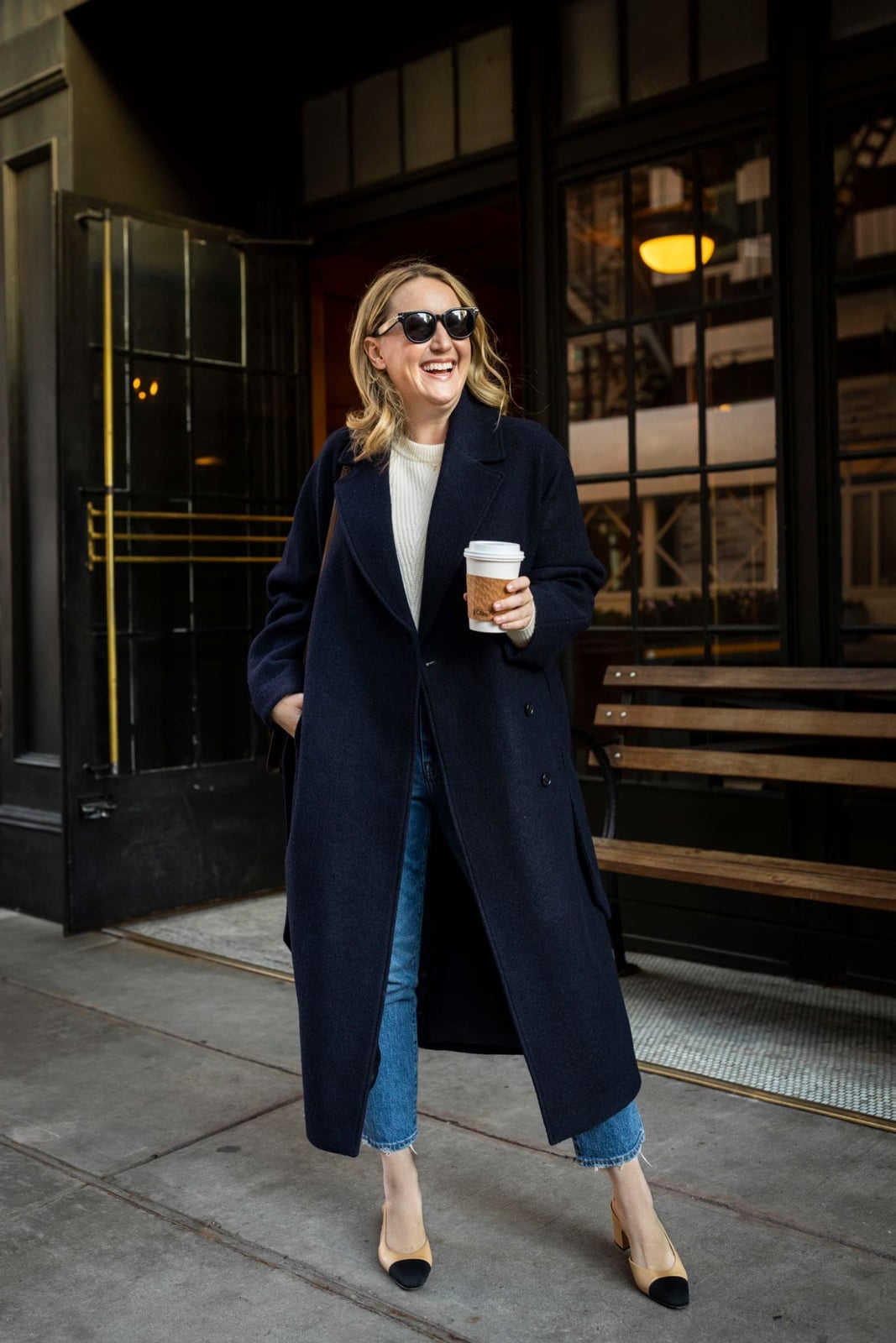 Oversized Navy Wool Coat Elevates Casual Denim Look Oversized Navy Wool Coat Elevates Casual Denim Look — Classy Capsule Wardrobe