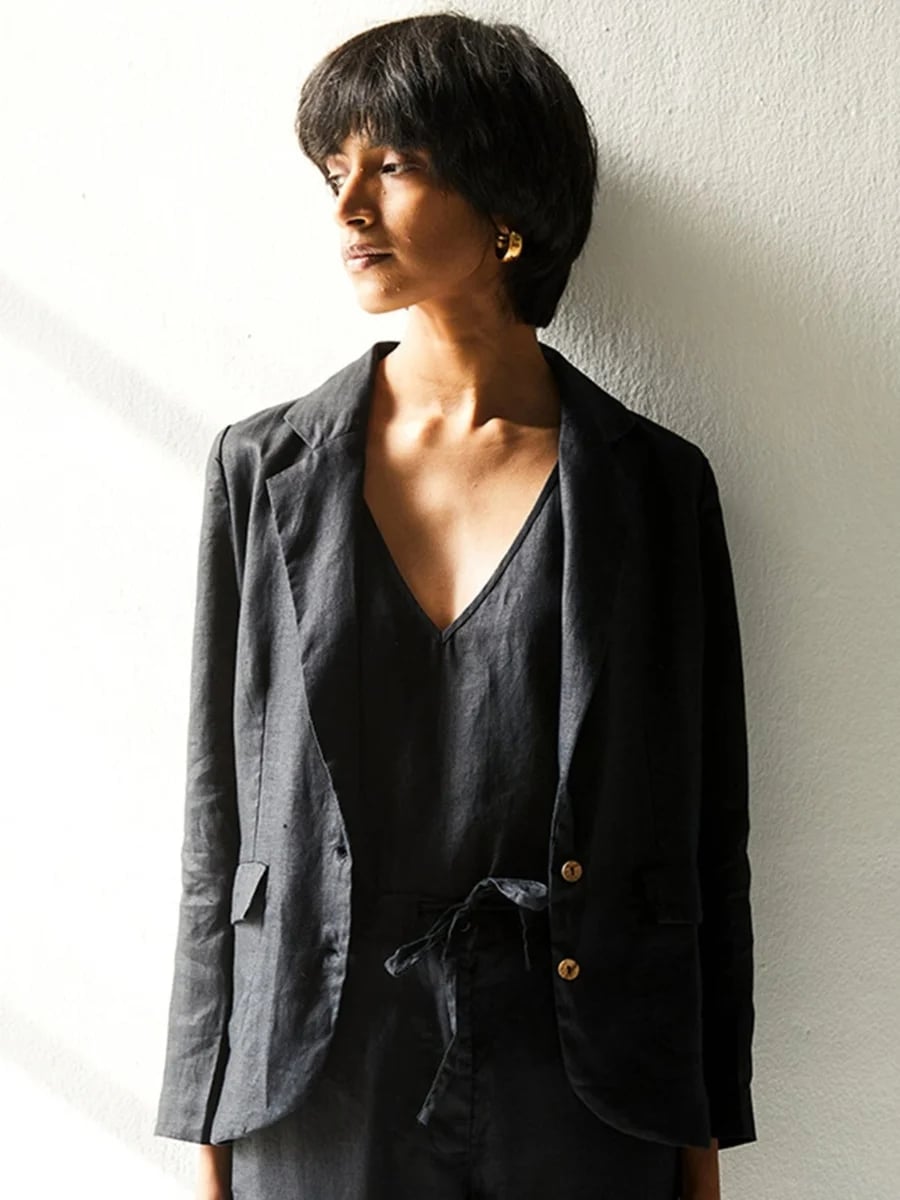 Black Linen Blend Blazer with Gold Button Detail Black Linen Blend Blazer with Gold Button Detail — Classy Capsule Wardrobe