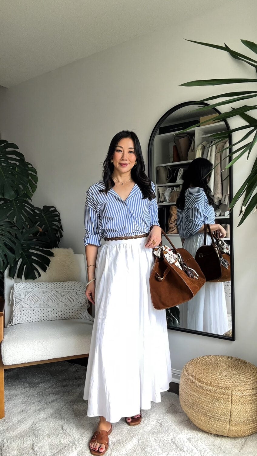 Blue and White Striped Shirt Pairs with Full Maxi Skirt Blue and White Striped Shirt Pairs with Full Maxi Skirt — Classy Capsule Wardrobe