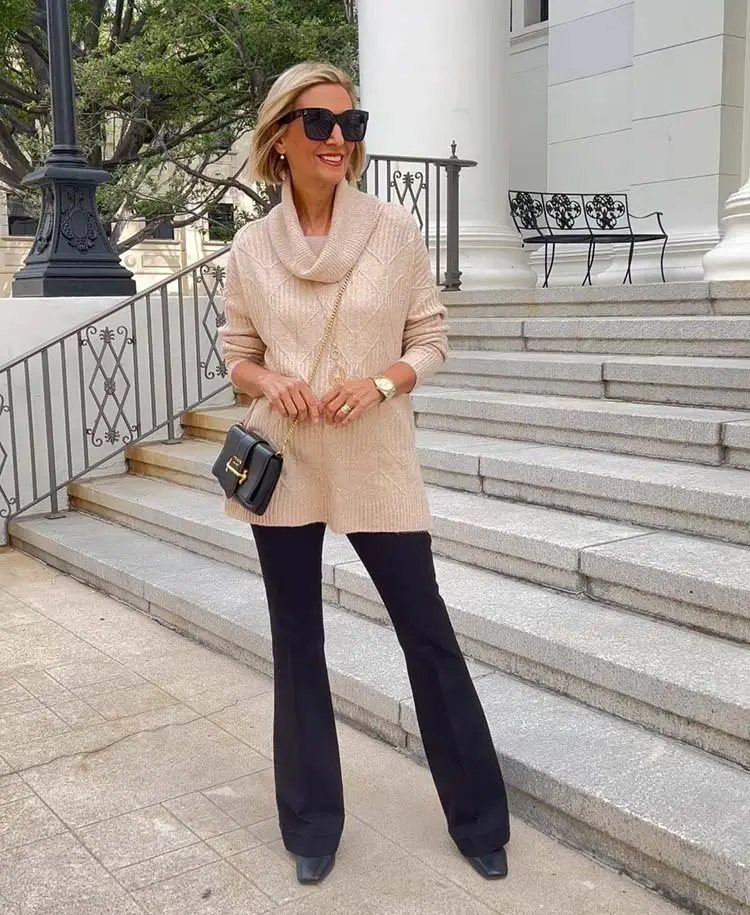 Beige Cowl Neck Sweater Offers Relaxed Chic with Fitted Trousers Beige Cowl Neck Sweater Offers Relaxed Chic with Fitted Trousers — Classy Capsule Wardrobe