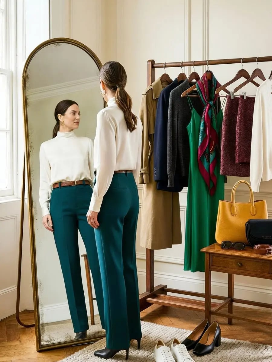 Teal Trousers and White Turtleneck Create a Striking, Close-Up Take Teal Trousers and White Turtleneck Create a Striking, Close-Up Take — Classy Capsule Wardrobe