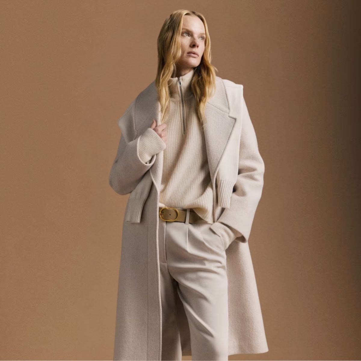 Long Cream Wool Blend Coat Defines Quiet Luxury Ensemble Long Cream Wool Blend Coat Defines Quiet Luxury Ensemble — Classy Capsule Wardrobe