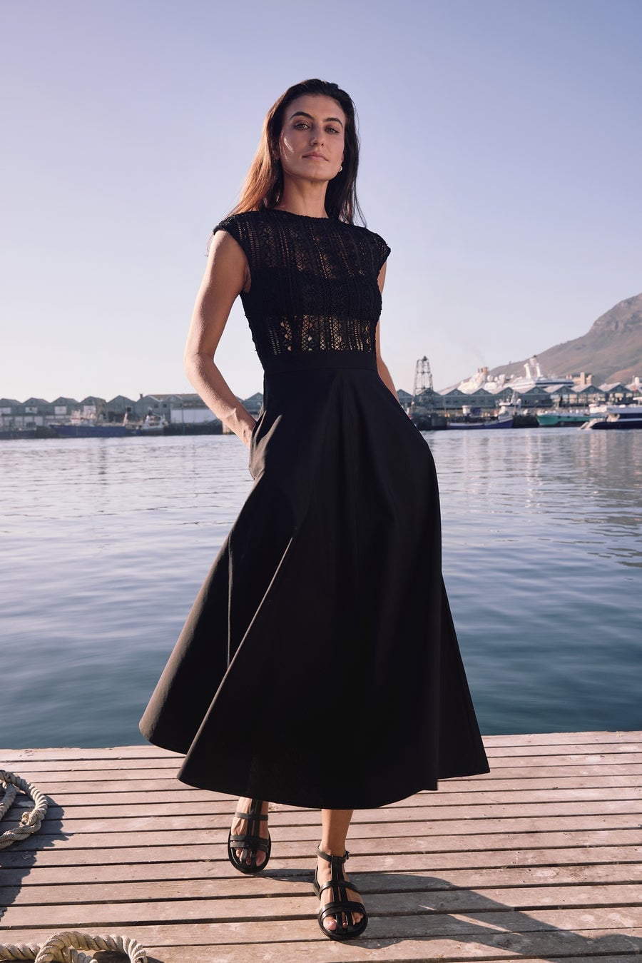 Black Lace Bodice Midi Dress with Pockets for a Birthday Black Lace Bodice Midi Dress with Pockets for a Birthday — Classy Casual Birthday Outfit