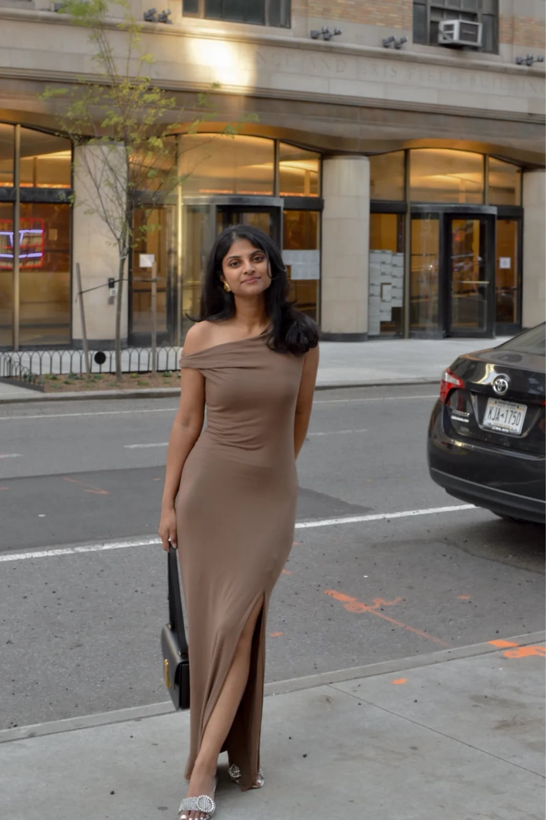 Taupe Off-The-Shoulder Maxi Dress with a High Slit for a Birthday Taupe Off-The-Shoulder Maxi Dress with a High Slit for a Birthday — Classy Casual Birthday Outfit
