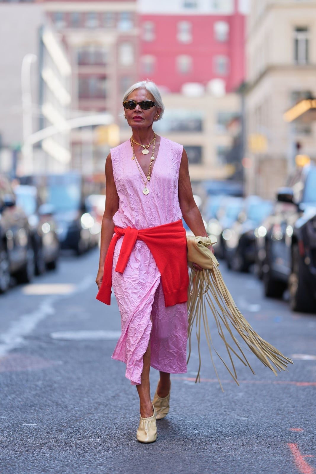 Pink Crinkled Midi Dress with Red Sweater for a Casual Birthday Pink Crinkled Midi Dress with Red Sweater for a Casual Birthday — Classy Casual Birthday Outfit