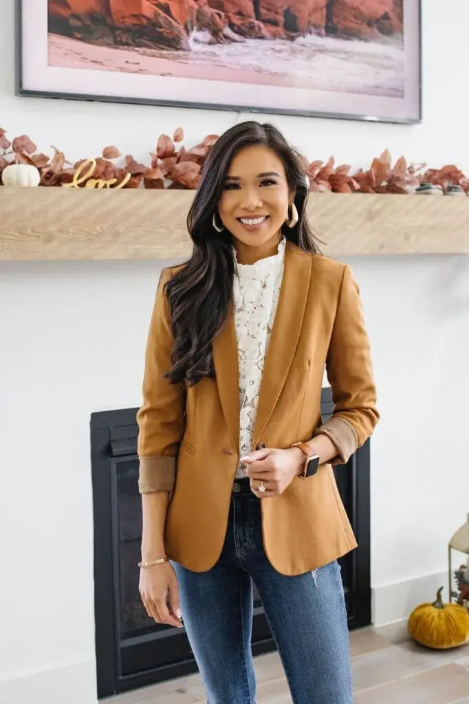 White Lace Top with Brown Blazer and Blue Jeans for a Birthday White Lace Top with Brown Blazer and Blue Jeans for a Birthday — Classy Casual Birthday Outfit