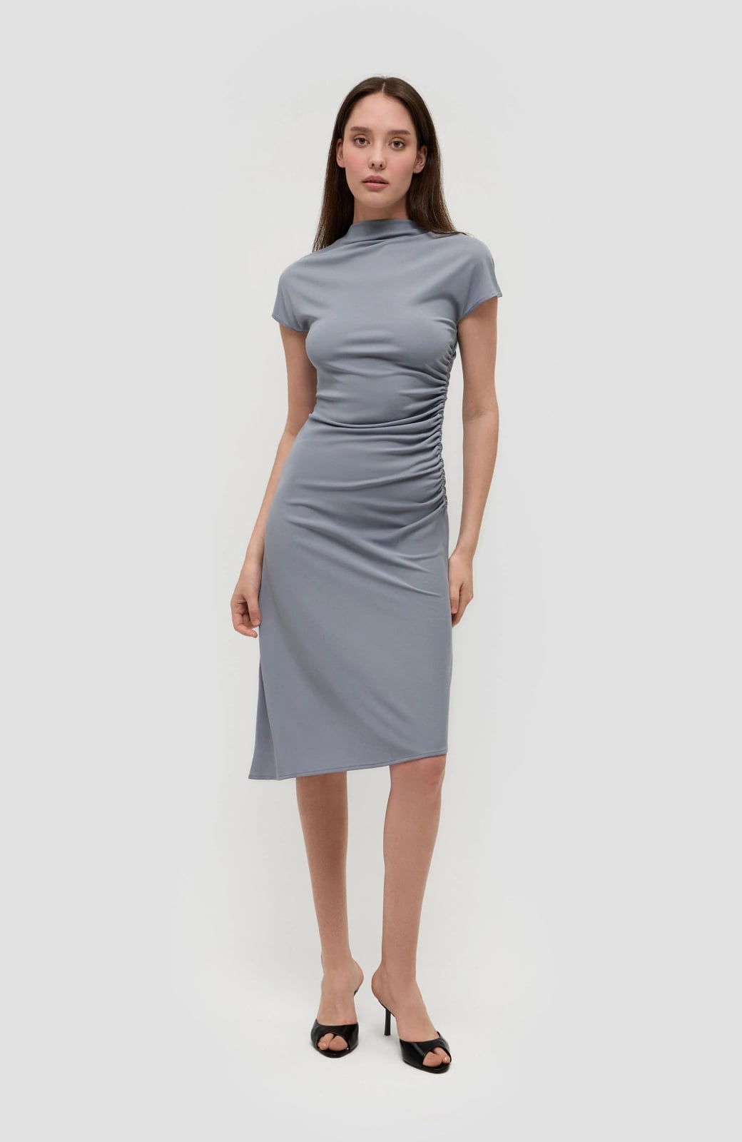 Gray Ruched Midi Dress with High Neckline for a Birthday Gray Ruched Midi Dress with High Neckline for a Birthday — Classy Casual Birthday Outfit