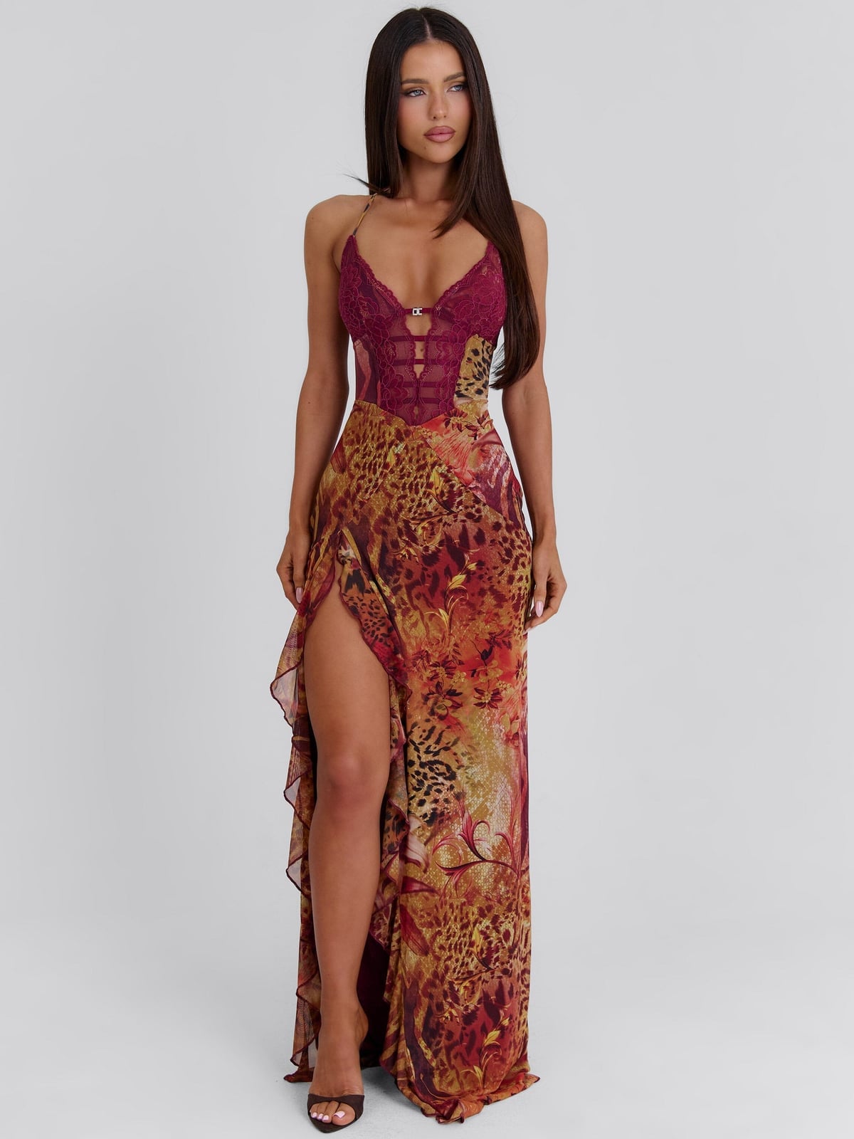 Burgundy Lace Bodysuit with Printed Maxi Skirt for a Birthday Burgundy Lace Bodysuit with Printed Maxi Skirt for a Birthday — Classy Casual Birthday Outfit