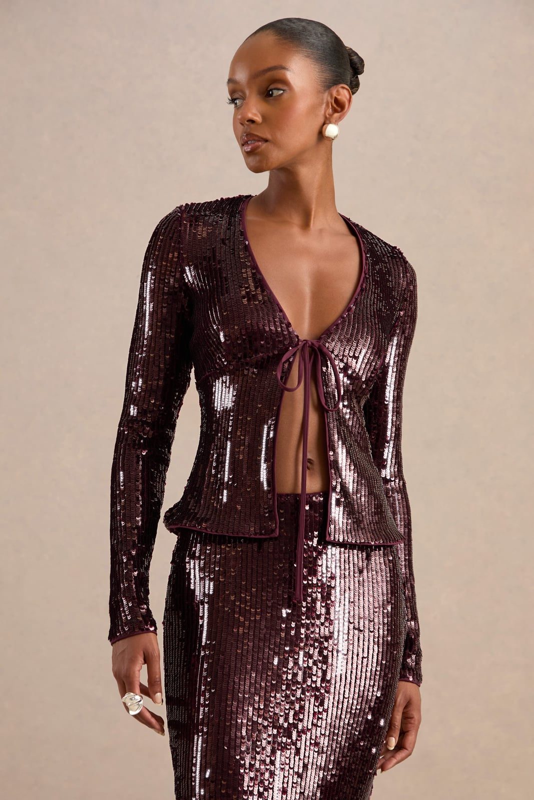 Burgundy Sequined Cardigan and Skirt Set for a Birthday Burgundy Sequined Cardigan and Skirt Set for a Birthday — Classy Casual Birthday Outfit